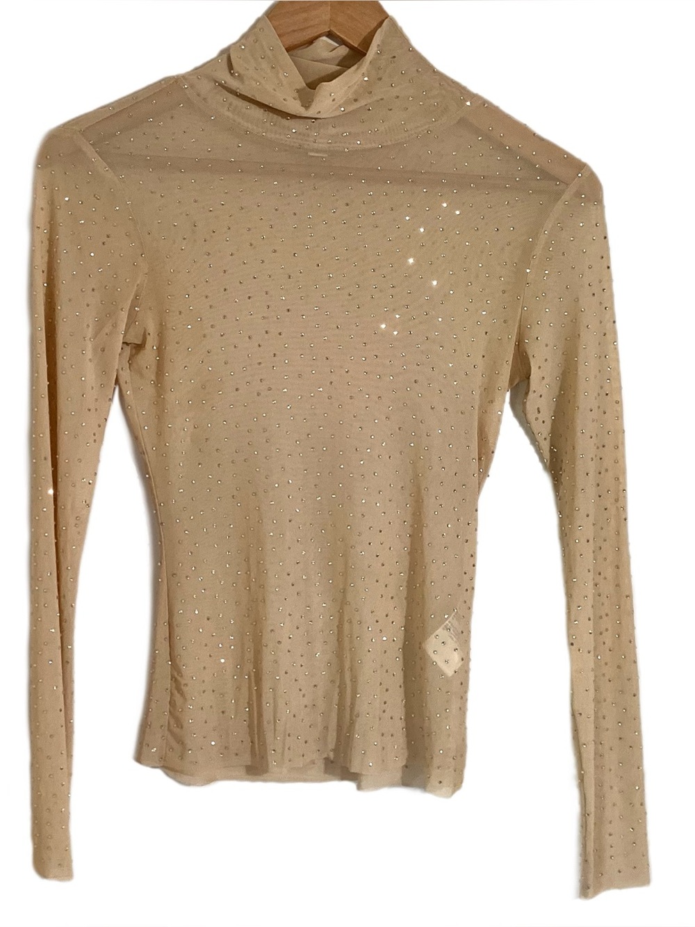 Bar III Nude Sheer Mesh Rhinestone Long Sleeve Top S